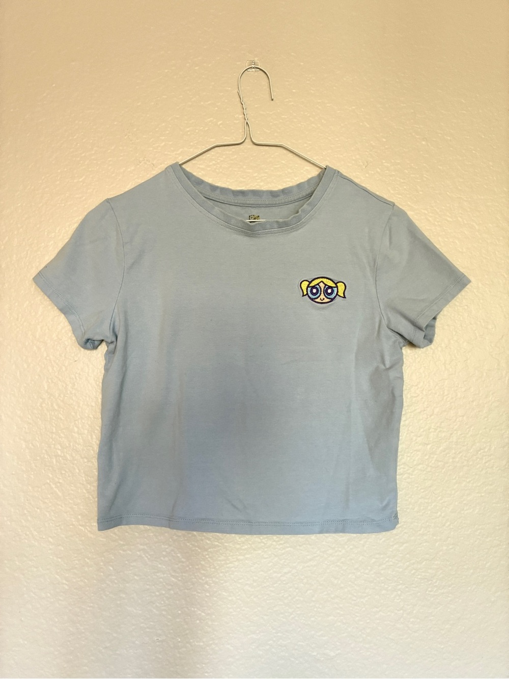The Powerpuff Girls Light Blue Cropped Tee w/ Bubbles Girl Patch Embroidered Y2K